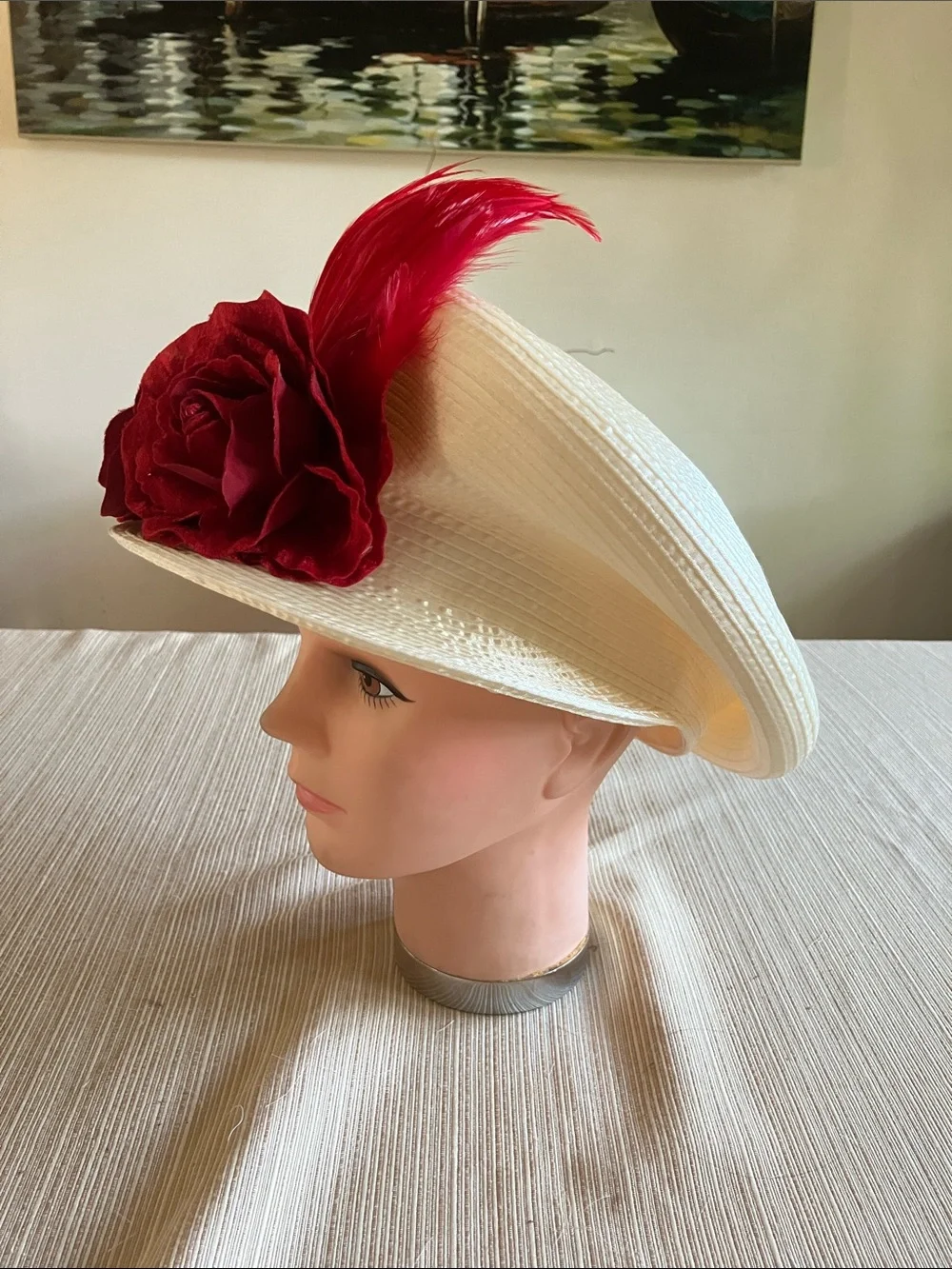 Ivory Satin Ribbon Hat with Red Floral & Feather Accent